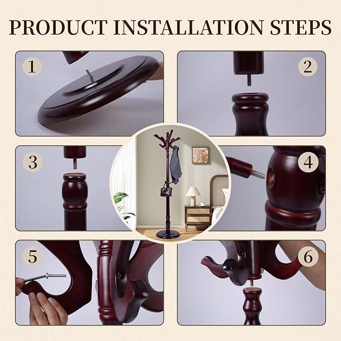 Wooden Coat Rack Freestanding, Creative Brid Hooks, Coat Hanger Stand 11 Hooks, Coat Tree Adjustable Height 73", Round Base, Coat Racks free standing for Entryway Hallway, Porch, Bedroom