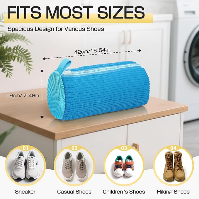 Shoe Washing Machine Bag,Reusable Laundry Cleaning bags for Washer and Dryer Fluffy Fibers 360° Wrap-Around Cleaning for All Shoes with Adjustable Shoe Trees & Dust-Proof Bag (Blue 4Pcs)