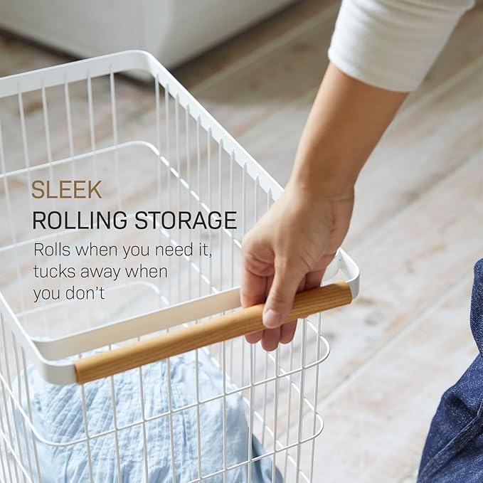 Yamazaki Home Wire Slim Saving Rolling Wheeled Clothing Hamper | Steel + Wood | Laundry Basket, One Size, White