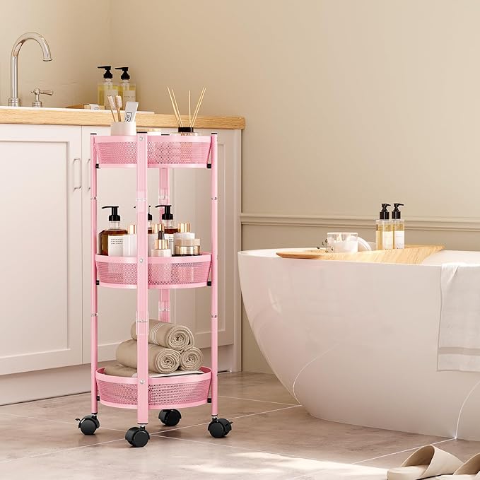 TOOLF 3-Tier Foldable Metal Storage Rolling Cart, Collapsible Utility Cart, No Assemble, Multifunction Organizer Trolley with Lockable Wheels for Kitchen, Living Room, Bathroom, Pink