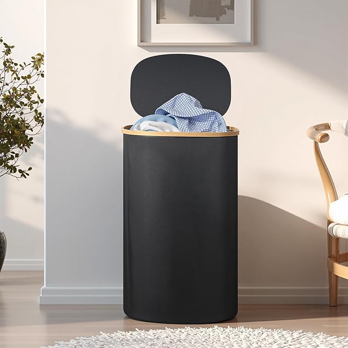 Laundry Hamper with Lid, 100L Clothes Hampers for Laundry with Bamboo Handles and A Removable Bag, Fordable laundry Basket with Lid for Bathroom, Bedroom, Dorm, Laundry Room
