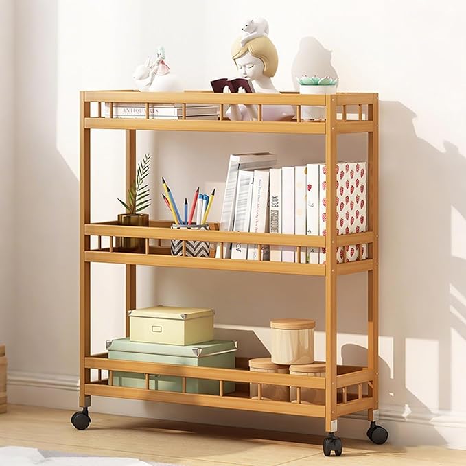 3/4Tier Slim Storage Rolling Cart with Wheel,Wood Storage Trolley Cart,Kitchen Rolling Utility Bamboo Kitchen Slide Out Organizer Rack,Mobile Shelving for Kitchen Bathroom gap(3Tier 60cmwide)