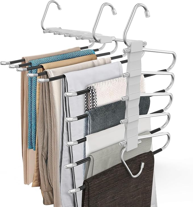 2 Pack Pants Hangers Space Saving, Anti-Slip Multi-Functional Pants Rack, Thickened Stainless Steel Tube, Two Hanging Modes Suitable for Jeans Trousers Skirts Scarf-Grey