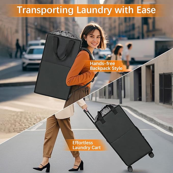 Bukere Extra Large 3 in 1 Rolling Laundry Backpack Bag with Wheels, 90L Freestanding Laundry Basket, Collapsible Laundry Hamper with Removable Wheeled Cart for College Dorm Apartment Laundry Room