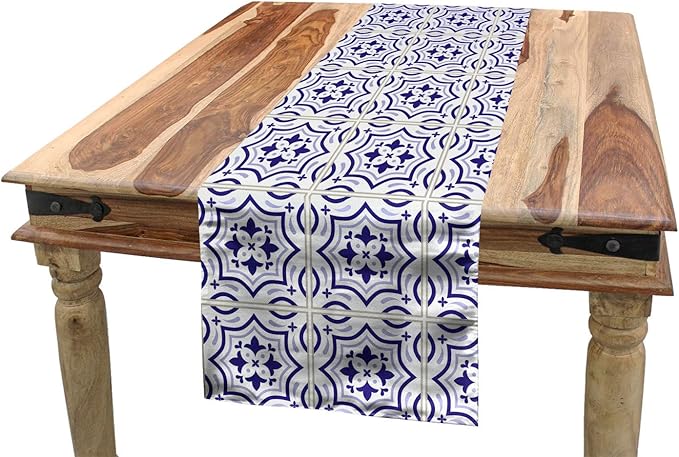 Ambesonne Navy Blue Table Runner, Portuguese Tile Design Traditional Azulejo Retro Style Mosaic, Dining Room Kitchen Rectangular Runner, 16" X 120", Violet Blue