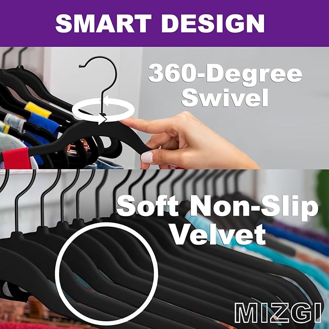 MIZGI All Black Velvet Hangers 40Pack,Premium Flocked Clothes Hangers,Non-Slip Felt & Sturdy Heavy Duty Coat & Suit Hangers for Space Saving, No Hanger Marks