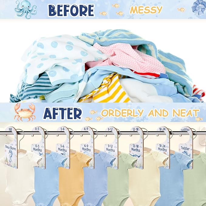 Baby Closet Dividers 8PCS, Under The Sea/Ocean Animal Theme Wooden Double-Sided Clothes Size Hanger Organizer from Newborn to Toddler for Nursery Decor Baby Shower Birthday Gift