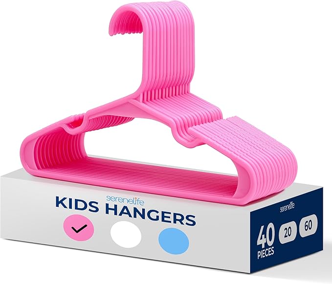 SereneLife 40 Pack Plastic Kids Hangers – Non-Slip Baby Hangers for Closet, Space-Saving Thin Design for Organizing Clothes, Infant, Toddler, and Newborn Clothing (Pink)