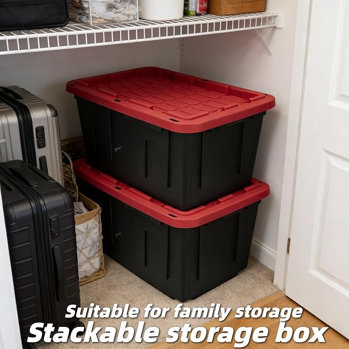 2-Pack Large Industrial Storage Bins – 27 Gallon Heavy-Duty Plastic Containers with Secure Snap-On Lids, Stackable Design, Black & Red for Garage, Basement & Warehouse Organization