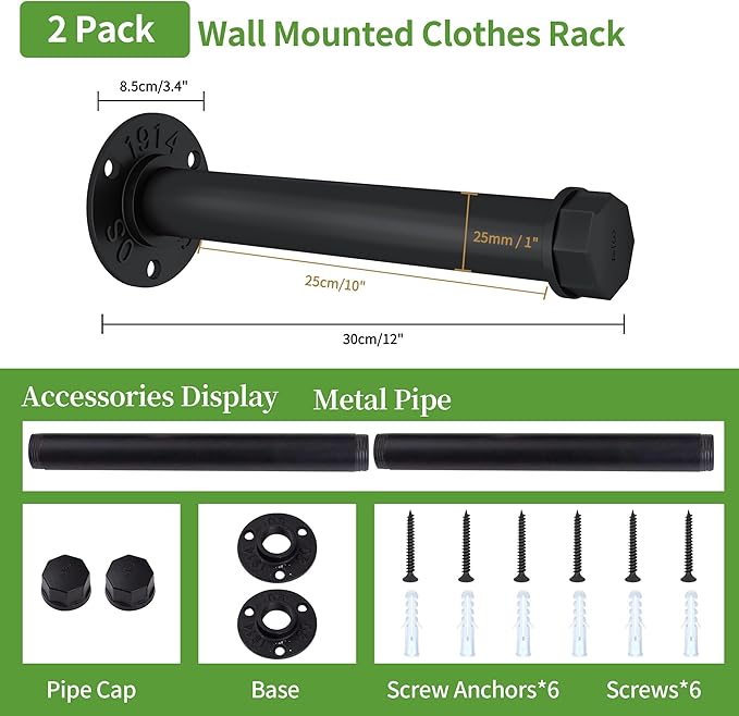 Heavy Duty Metal Clothing Hanging Rack 10 Inches Industrial Pipe Clothes Hanger Rack Wall Mounted Clothes Hanger Bar Small Closet Clothes Rods (2 Pack)