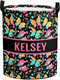 Large Custom Name Laundry Hamper, Butterfly Personalized Dirty Clothes Hamper Storage Basket with Name for Bathroom Bedrooms, Customized Name Circular Hamper with Handles for Baby Boys Girls Men Women