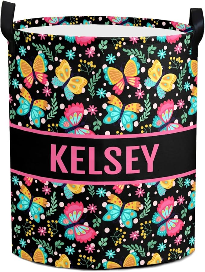 Large Custom Name Laundry Hamper, Butterfly Personalized Dirty Clothes Hamper Storage Basket with Name for Bathroom Bedrooms, Customized Name Circular Hamper with Handles for Baby Boys Girls Men Women