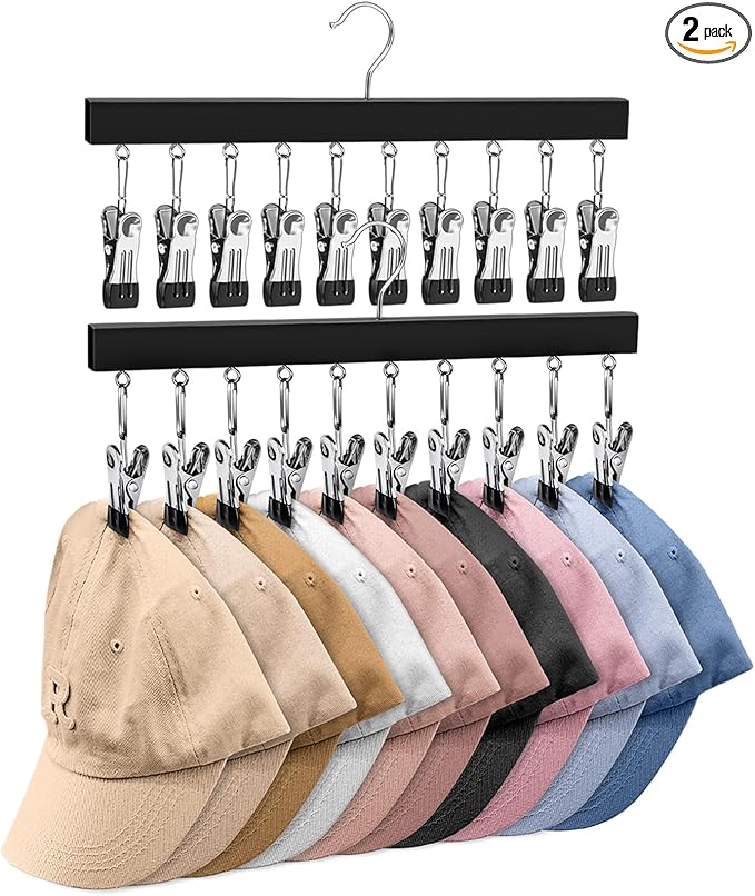 2 Pack Hat Organizer for Baseball Caps with 10 Stainless Steel Clips, Wooden Baseball Cap Organizer, Fits All Caps, Black