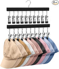 2 Pack Hat Organizer for Baseball Caps with 10 Stainless Steel Clips, Wooden Baseball Cap Organizer, Fits All Caps, Black