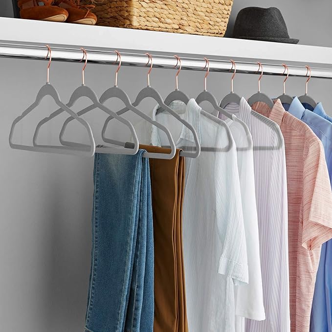 VECELO Premium Velvet Clothes Hangers Suit Heavy Duty (50 Pack)-Non Slip & Space-Saving with 6 Finger Clips & Tie Rack Excellent for Men and Women,Gray
