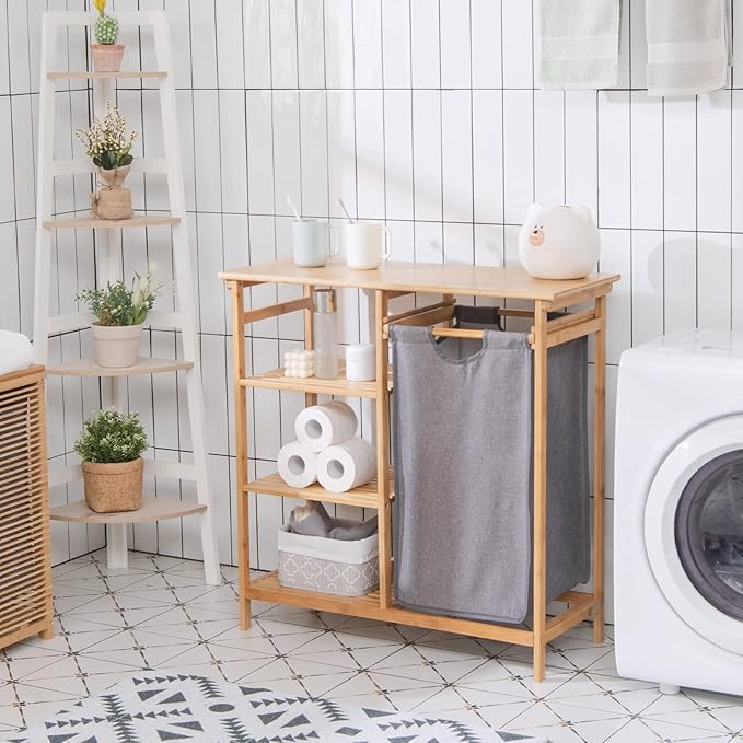 Giantex Bamboo Laundry Hamper Stand, Freestanding Laundry Organizer w/Removable Sliding Bag & 3-Tier Open Shelves, Multipurpose Utility Storage Cabinet for Bathroom, Living Room, Bedroom, Natural