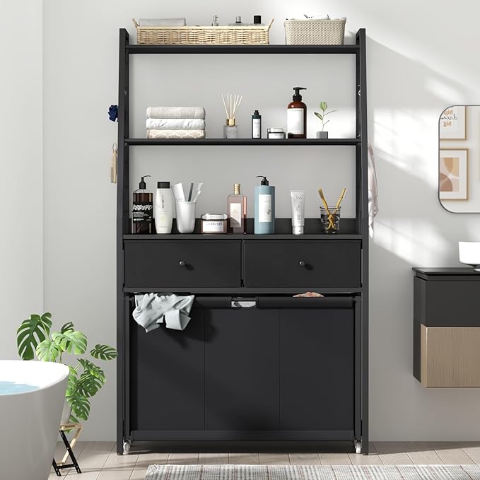 Laundry Hamper Laundry Basket with 3 Section Pull-Out Rolling Bags & 2-Tier Storage Shelf, Laundry Sorter for Organization and Storage with 2 Drawers for Laundry Room, Bathroom