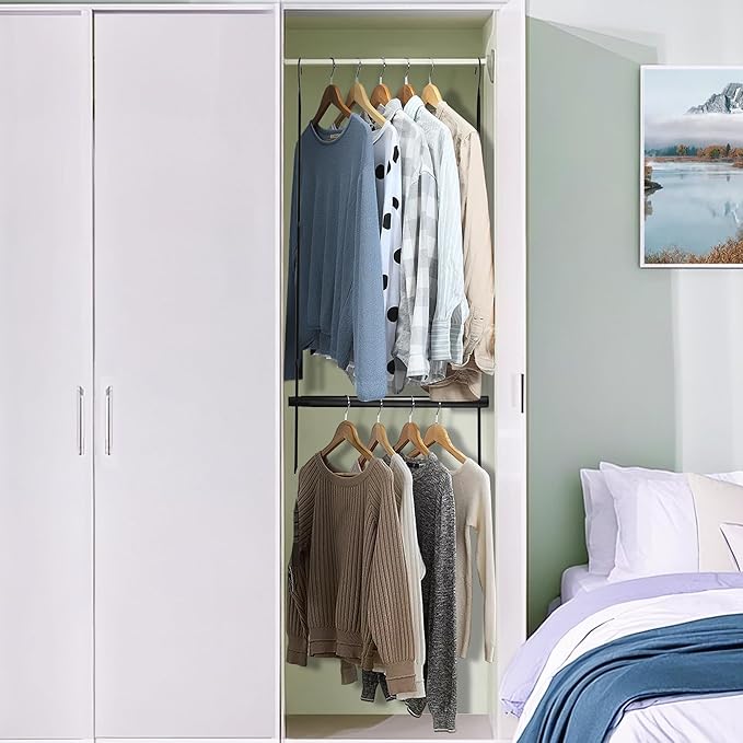 STORAGE MANIAC Hanging Closet Rod, Adjustable Width and Height Closet Hanging Organizer, Space-Saving Clothes Hanging Bar, Closet Extender Hanging Rod Double Closet Hanging Rod, 1 Pack Black