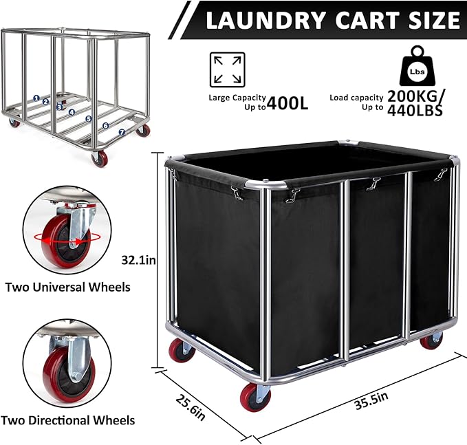 Commercial Laundry Cart with Wheels,Industrial Laundry Cart 11.35 Bushel(400L),Commercial Laundr Basket with Stainless Steel Frame and Oxford Cloth,440LB Load