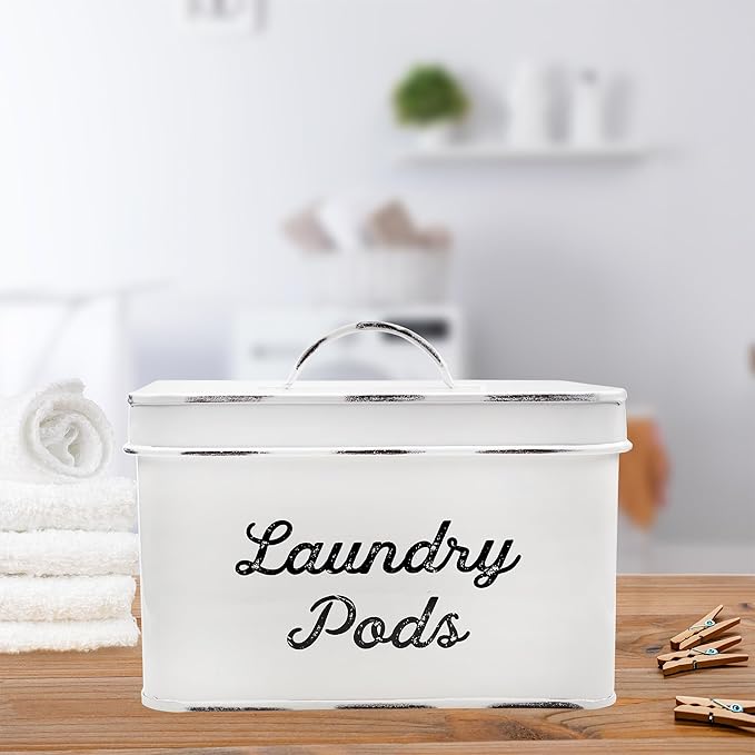 AuldHome Design Enamelware Laundry Pod Holder; Rustic White Laundry Pod Storage Container