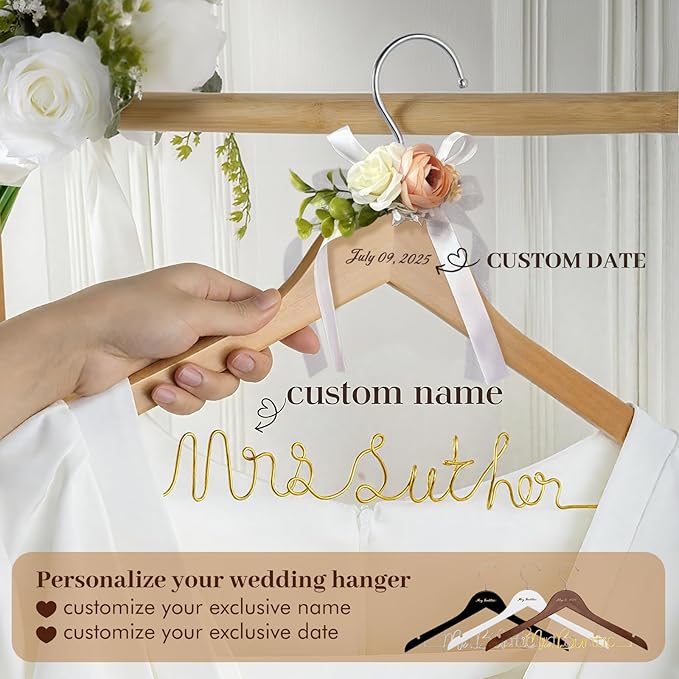 2 Pcs Personalized Wedding Hangers, Mr & Mrs Custom Hangars Name Wire for Bride and Groom, Wooden Dress Hanger, 4 Colors Wedding Hangers for Bridal Shower, Engagement, Anniversary, Bridesmaid Gift