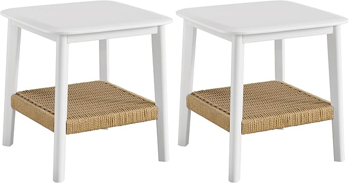 Alaterre Furniture Calais Side Table - 2-Tier Small End Table with Woven Storage Shelf - Wooden Nightstand for Small Spaces, Living Room, or Bedroom - Mid Century Modern Furniture (White, Set of 2)