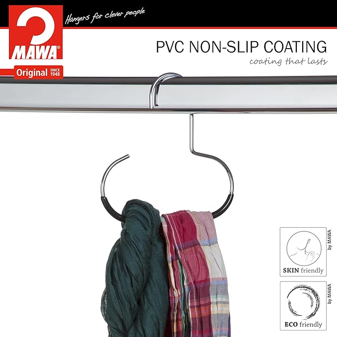 Mawa Scarf, Shawl, Belt, and Accessory Organizer, Non-Toxic Metal Hanger with Grip Coating, Easy Access Open Hook, Model G-1 Space Saving Design, Set of 2, Black