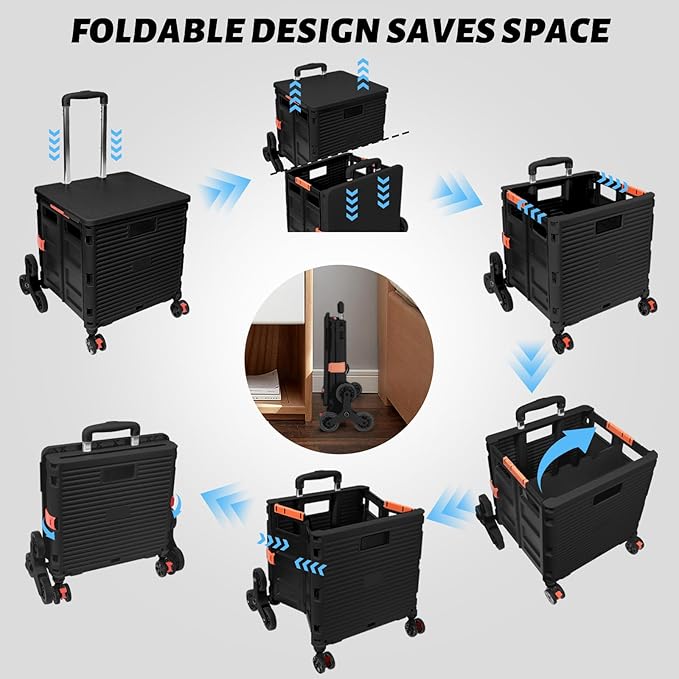 FELICON SELORSS Folding Utility Cart Portable Rolling Crate Handcart with Stair Climbing Wheels&360°Swivel Wheels Telescoping Handle Plastic Box Dolly for Travel Shop Move Office Teacher Use(Black)