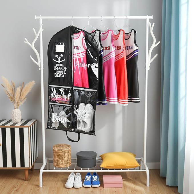 DEEKA Cheer Garment Bag for Hanging Clothes with Zipper Pockets Cheer Accessories Mom Essentials Uniform Costume 40 Inch Black Bags Stuff for Cheerleading Girls (Black,White-Cheer Quote)