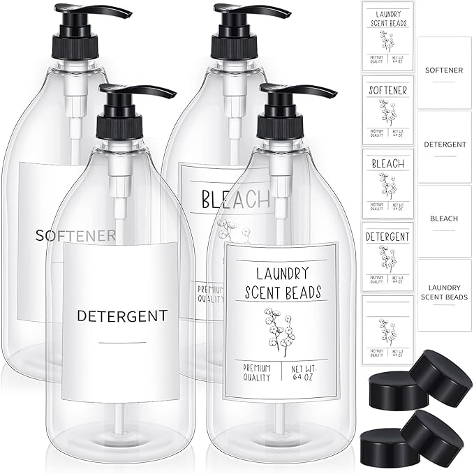 Nuenen Laundry Detergent Dispenser for Fabric Plastic Pump Laundry Soap Detergent Dispenser with Lids and 36 Labels for Farmhouse Decor, White 64oz Set of 4(Black)