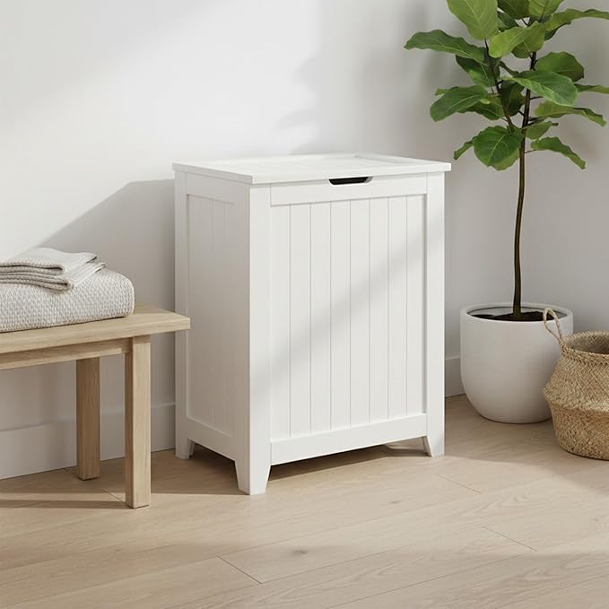 Redmon 18'' x 11.25'' x 23.25'' Contemporary Country Wainscot Style Wooden Clothes Hamper for Bedroom, Bathroom, and Laundry Room, White