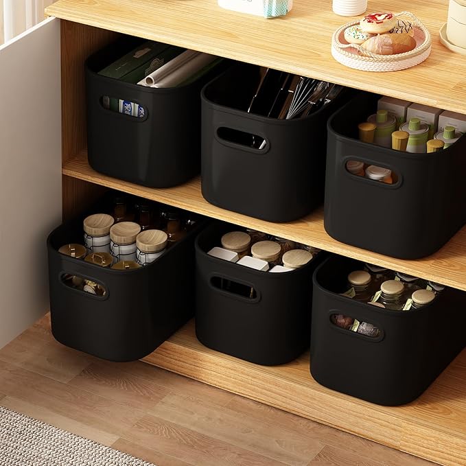 8 Pack Black Storage Bins with Lids Stackable Storage Container for Organizing, Black Storage Boxes with Handle for Shelves, Cute Organizer Bins for Craft, Snacks, 9.85x6.9x5.7 inch