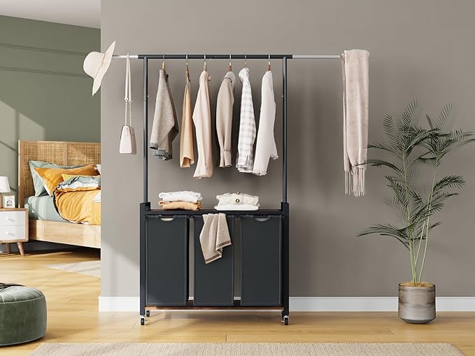 IDEALHOUSE Laundry Sorter 3 Section with Hanging Rack,Rolling Laundry Sorter Hamper with Shelf & Lockable Wheels,Laundry Basket Organizer for Laundry Room, Bedroom, Bathroom