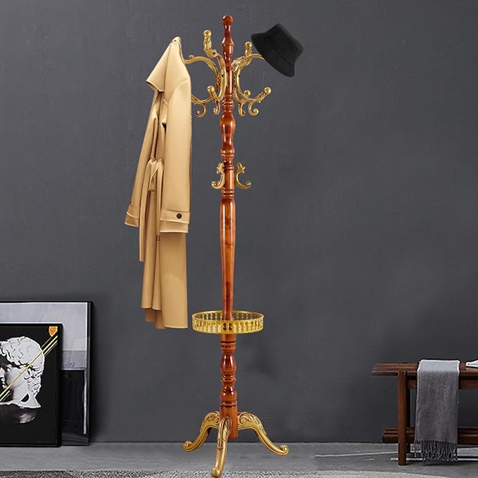 Coat Racks FreeStanding with 14 Hooks, Natural Wood Coat Rack with Solid Round Base, Adjustable Height Coat Racks, Easy Assembly for Hallway, Bedroom and Office (Begonia color-Tray)