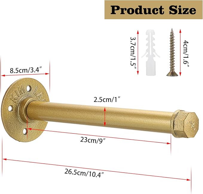 Sumnacon 2 Pcs 10 Inch Industrial Pipe Clothes Bar - Heavy Duty Rustic Metal Coat Hanger with Screws,Wall-Mounted Garment Holder Rack for Bedroom Bathroom Wardrobe Boutique Clothing Store,Gold