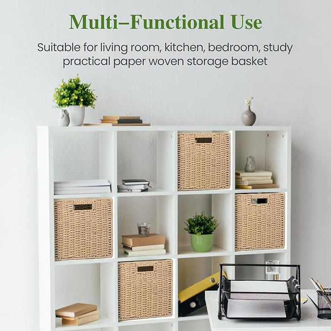 Woven Wicker Storage Baskets 4-Pack, 11x11 Handwoven Paper Rope Organizer Bins, Foldable Cube Storage Cubes with Built-in Handles for Shelves and Closet Organization(Natural Beige)
