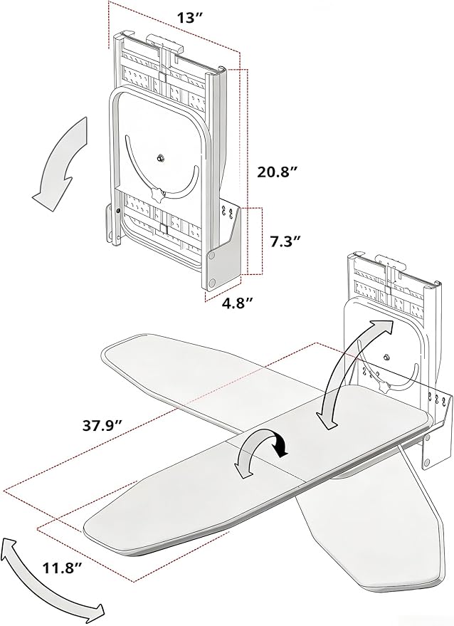 Nisorpa Wall Mounted Ironing Board 37.9" x 11.8" Fold Away 180° Swivel Iron Board with Heat Resistant Cover in Wall Ironing Board Space Saving for Home Laundry Room