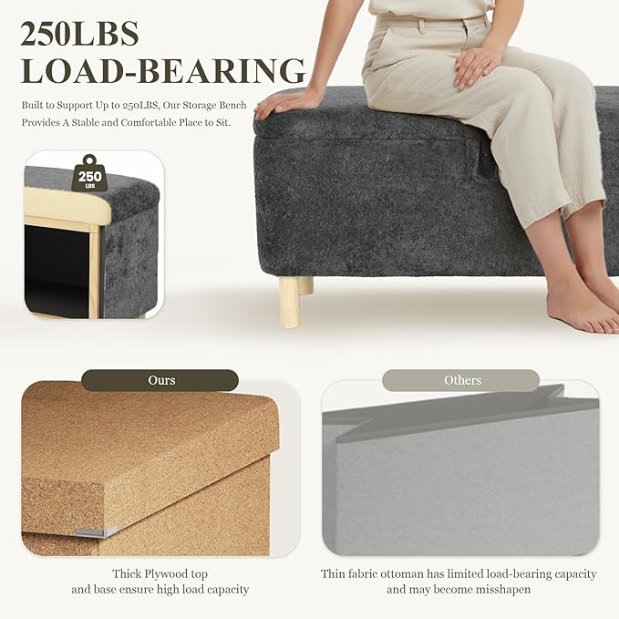 Ottoman with Storage, Storage Ottoman Bench, Entryway Bench with Wood Legs for Living Room, Sitting Area, Dark Grey