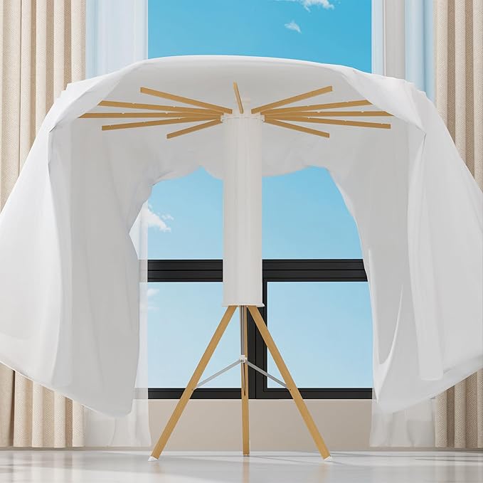 Dr.DJ Tripod Drying Rack Portable, Foldable Drying Rack Clothing with 12 Wood Drying Arms, Standing Laundry Hanger Rack Round Collapsible & Portable Handle for Laundry Room, Balcony, Bedroom, RV