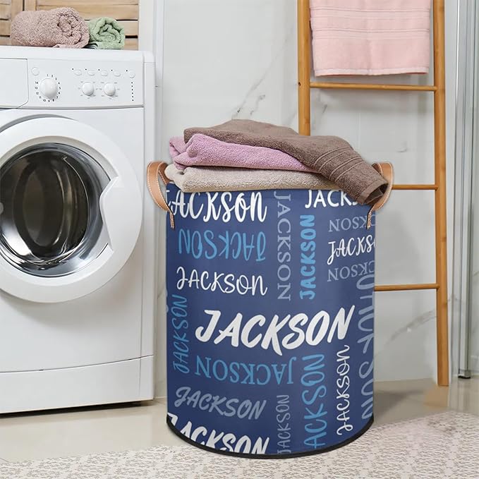 Custom Name Large Laundry-Basket for Kids-Boys-Girls, Personalized Foldable Waterproof Laundry Hamper Dirty Clothes Toys Storage Bin with Handles,Blue