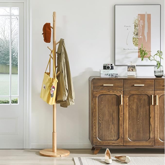 IBUYKE Coat Rack Stand, Freestanding Coat Tree with Solid Round Base and 8 Hooks, Easy Assembly Wooden Coat Hanger, Clothes Rack for Hallway Entryway, Living Room, Bedroom, Natural Color WD-115