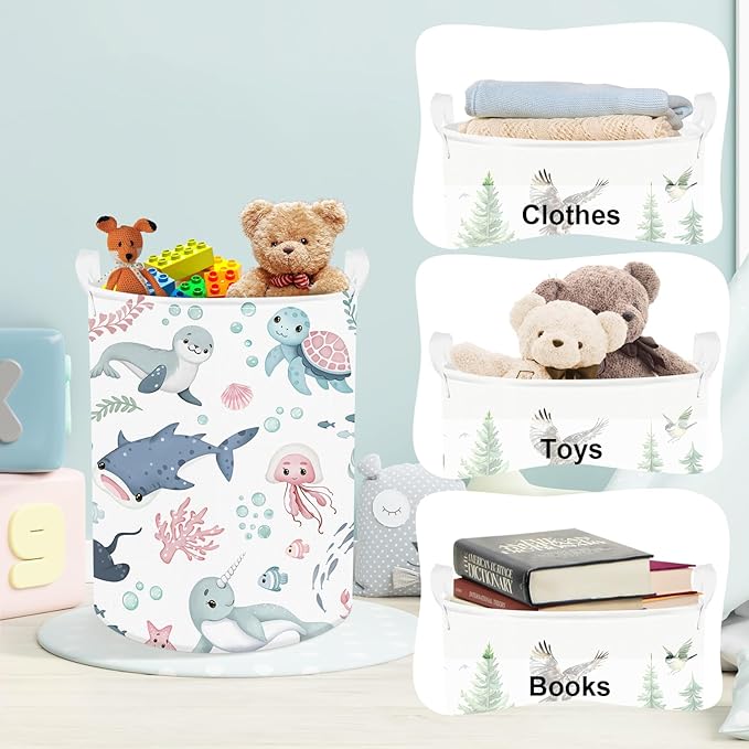 Clastyle Adorable Ocean Animal Laundry Basket Shark Kids Clothes Book Storage Basket Gift Toy Box for Bedroom Decor,Whale,36x45 cm