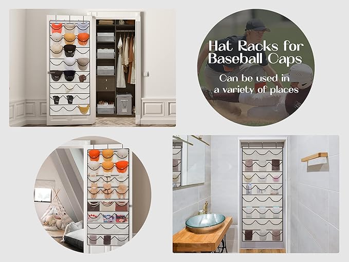 LoforHoney Hat Organizer for Baseball Caps, Over The Door Hat Rack with 24 Deep Pockets, 3 Hooks, Visible Hat Holder, Beige