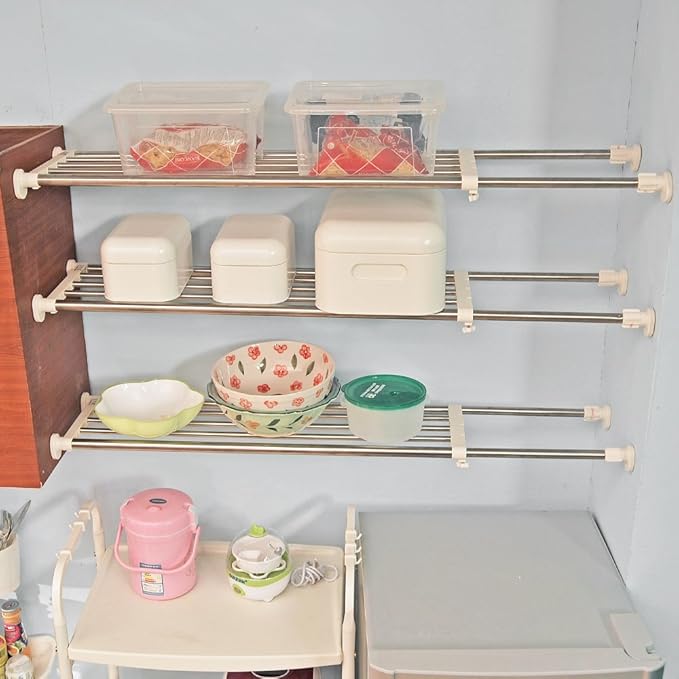 BAOYOUNI Tension Closet Shelf Heavy Duty Organizer Rack Stainless Steel Expandable Storage Shelves Rod Ivory, 39.76-60.04 Inch