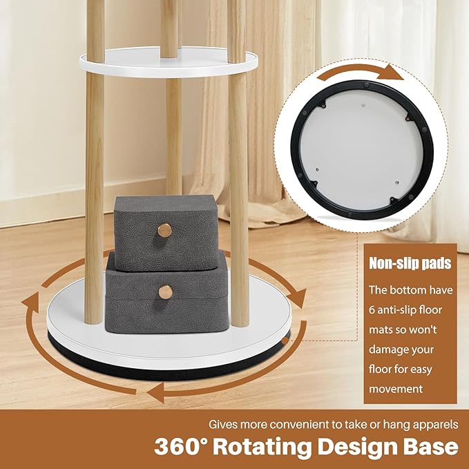 LIWSHWZ Solid Wood Rotary Coat Rack,Coat Rack Freestanding with 3 Shelves and 9 Hooks,Coat Hanger Stand for Purse,Bag,Hat,Corner Hanger Stand Racks for Hall,Entryway,Office,Modern Clothes Holder