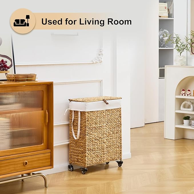 Rolling Laundry Hamper with Lid and Wheels, Slim Laundry Basket with Removable Liner Bag & 2 Mesh Bags, Handwoven Water Hyacinth Clothes Hamper for Bedroom Bathroom (Natural, 50L)