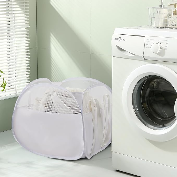 TECHMILLY Pop Up Foldable Laundry Basket, 90L Large Capacity Square & Tear Proof Laundry Hamper with Reinforced Handles for Dirty Clothes Storage in Dorm, Laundry Room, Bathroom, White(Fabric)