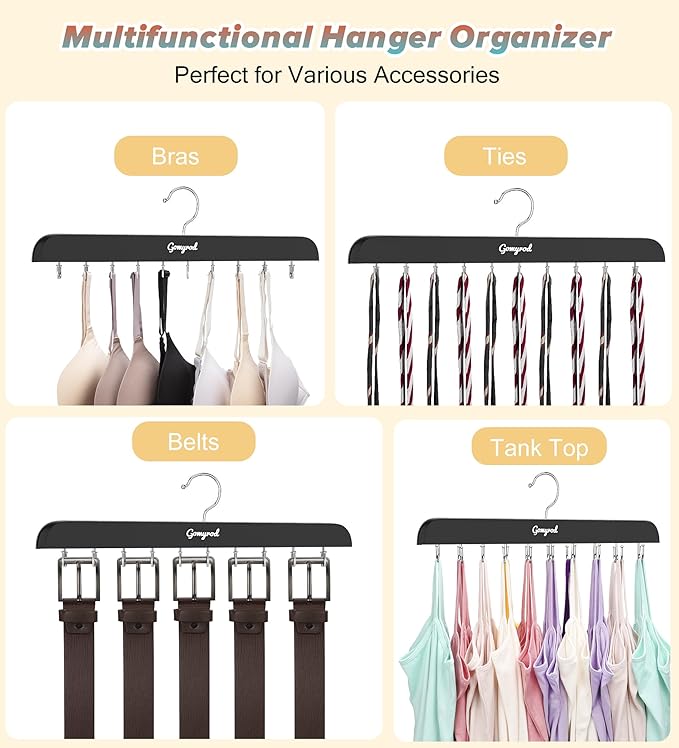 Bra Hanger for Closet, 2 Pack Tank Top Hangers w/20 Hooks Holds 40 Bras, Capacity Foldable Wood Space Saving Hanger, 360°Rotating Closet Organizers and Storage for Dorm & Apartment（Black）