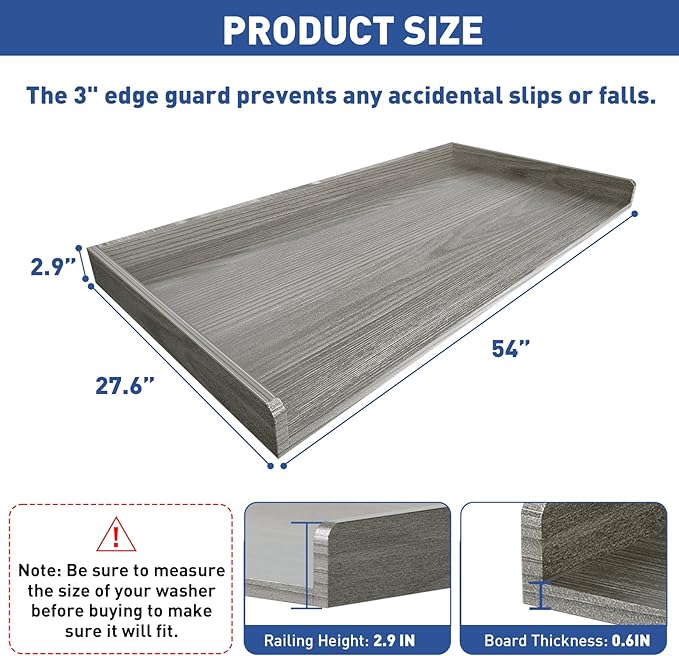 Washer Dryer Countertop: 27.5" x 54" Laundry Topper for Washer and Dryer - Non-Slip Washer and Dryer Countertop with Safety Edge - Laundry Room Organization (Gray)
