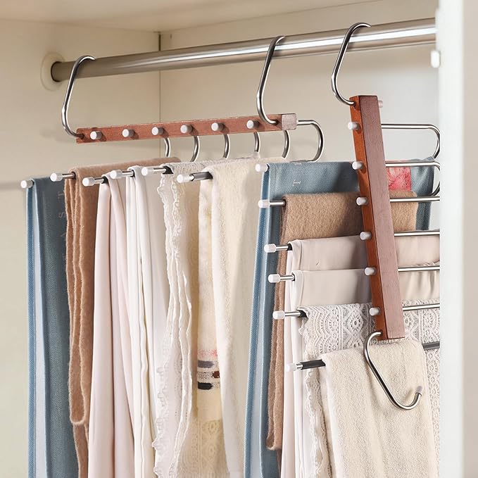 Pants Hangers Space Saving, 4 Packs Wooden Closet Organizer, Anti-Slip Design Leggings Hanger, Multi-Layer Clothing Pant Rack for Jeans, Trousers, Skirts, Scarves & Slacks